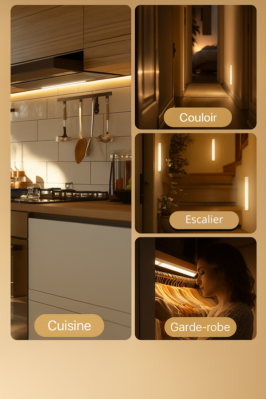 Exemples d’installation de la lampe LED dans une cuisine, un escalier et un rangement.