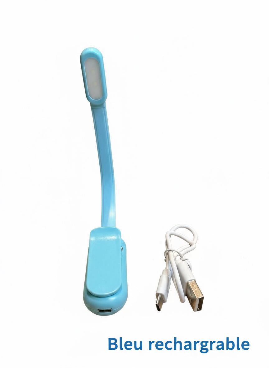 Mini liseuse bleue rechargeable avec câble USB.