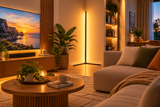 Lampadaire LED dans un salon avec éclairage d’ambiance chaleureux