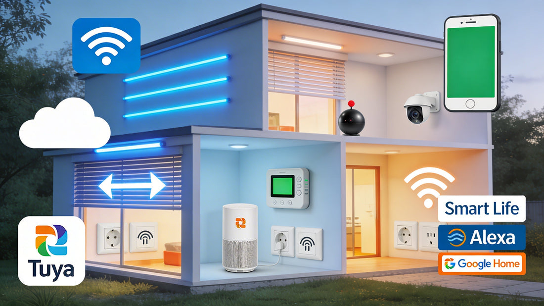 Maison connectée avec éclairage intelligent, volets, caméras et assistants vocaux Tuya, Smart Life, Alexa et Google Home intégrés