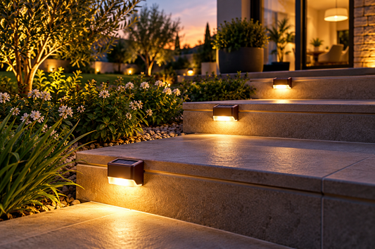 Lampes solaires LED extérieures éclairant un escalier de jardin