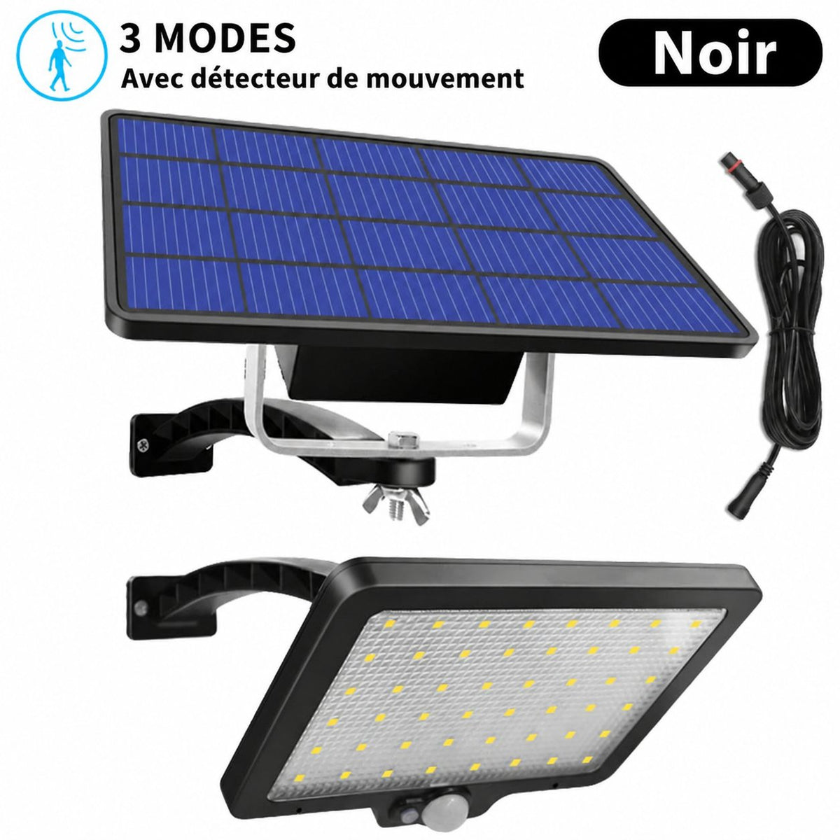 Projecteur solaire noir avec détecteur, panneau séparé et câble