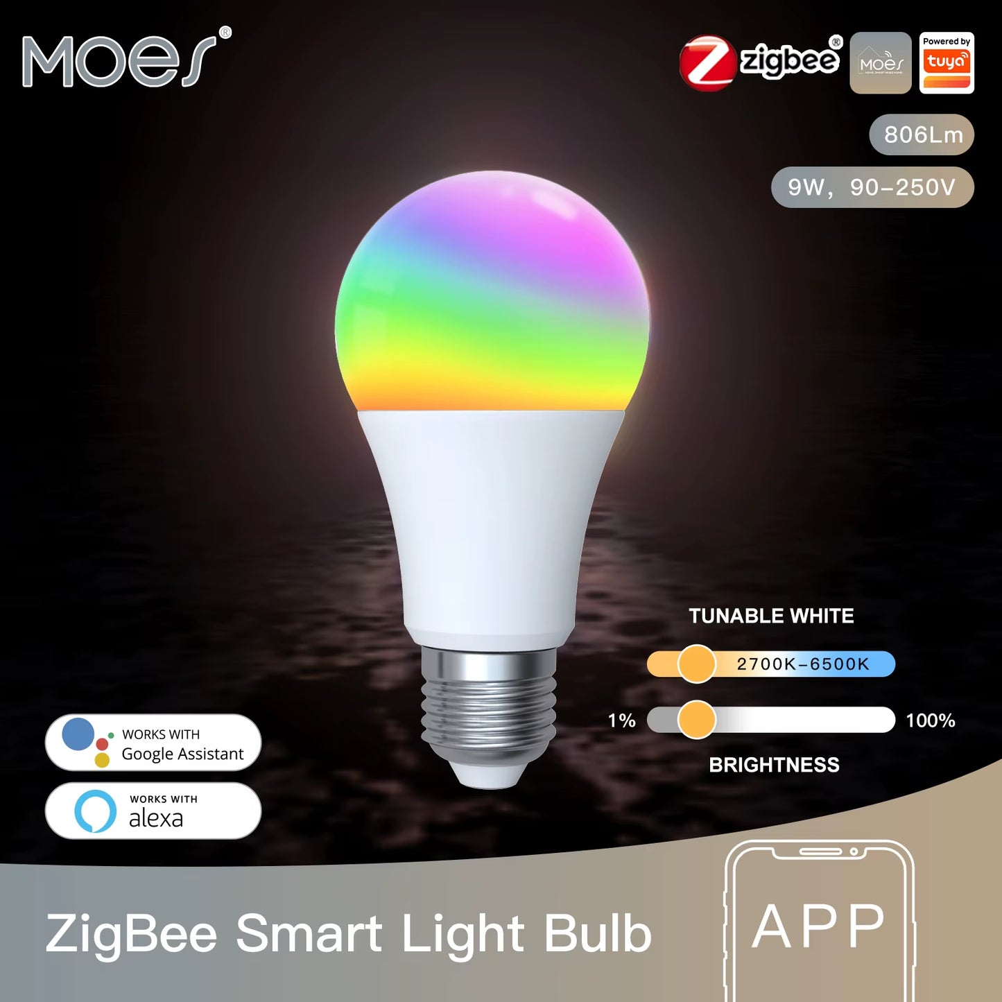 Ampoule LED intelligente MOES Zigbee E27 RGB dimmable 9W 806lm, contrôle vocal Alexa Google Assistant, température de couleur réglable 2700K-6500K, luminosité 1%-100%