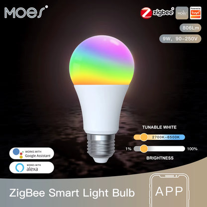 Ampoule LED intelligente MOES Zigbee E27 RGB dimmable 9W 806lm, contrôle vocal Alexa Google Assistant, température de couleur réglable 2700K-6500K, luminosité 1%-100%