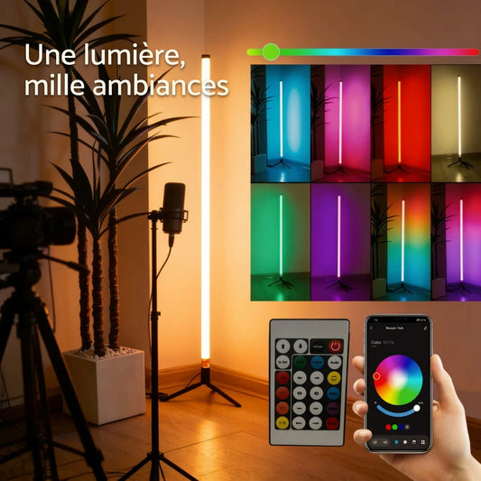 Lampadaire sur trépied, exemples de couleurs unies et dégradées, télécommande et commande sur smartphone