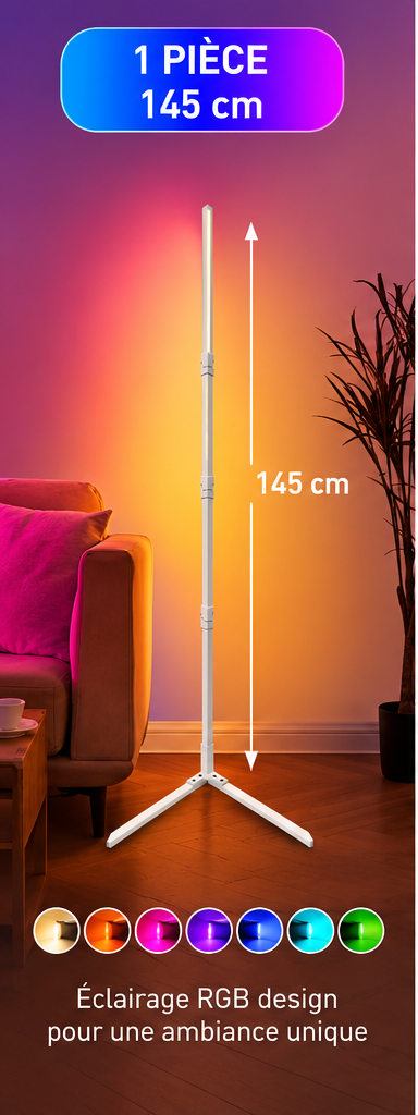 Lampadaire LED RGB WiFi blanc de 145 cm avec prise européenne, vendu à l'unité