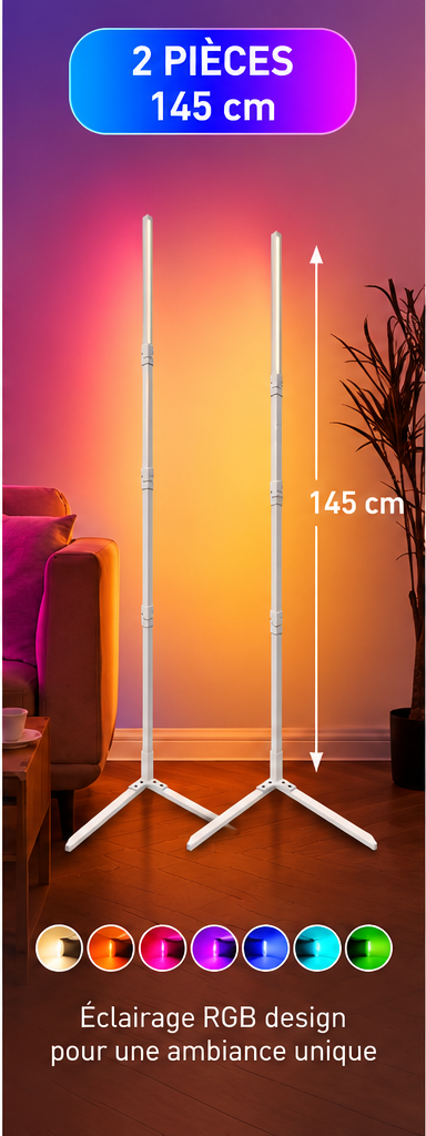 Lot de deux lampadaires LED RGB blancs de 145 cm dans un salon, avec hauteur indiquée et palette de couleurs.