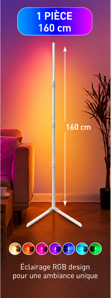 Lampadaire LED RGB blanc de 160 cm dans un salon éclairé en rose et orange, avec indication de hauteur.