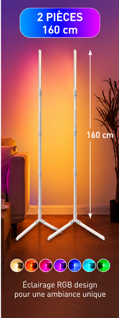 Deux lampadaires LED RGB blancs de 160 cm côte à côte près d’un canapé, avec palette de couleurs d’éclairage.