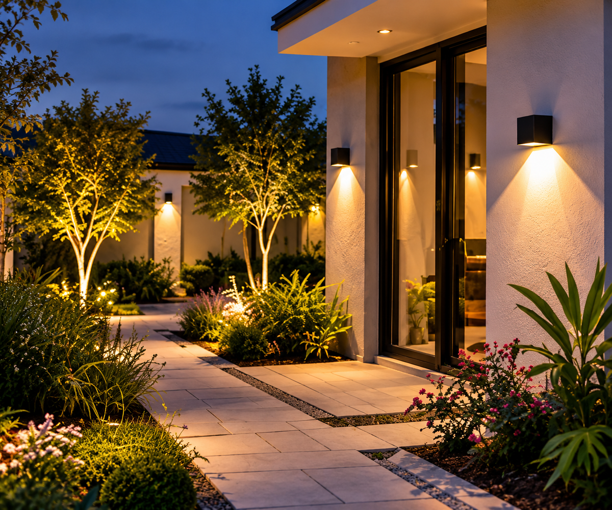 Applique murale solaire LED extérieure Up & Down éclairant une terrasse et un jardin