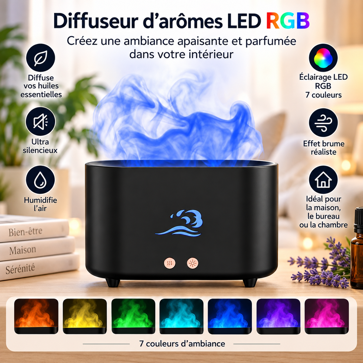 Diffuseur effet flamme noir avec brume bleue et palette de couleurs RGB.