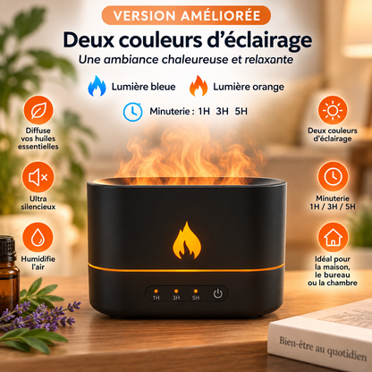 Diffuseur effet flamme noir avec illustration des lumières bleue et orange.