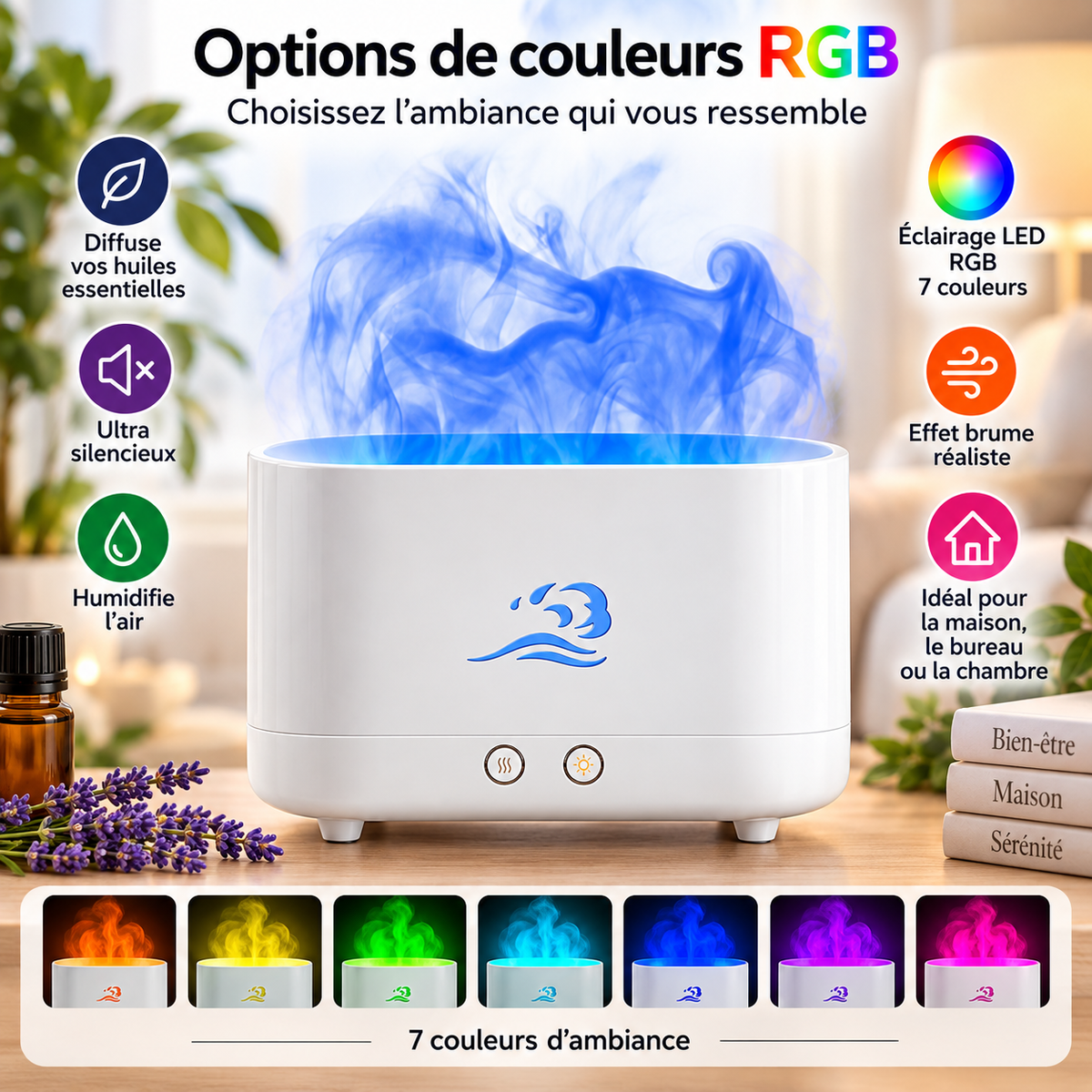 Diffuseur effet flamme blanc avec brume bleue et palette de couleurs.