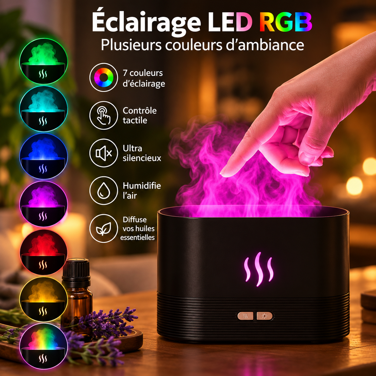Diffuseur effet flamme noir avec brume violette et commande tactile illustrée.