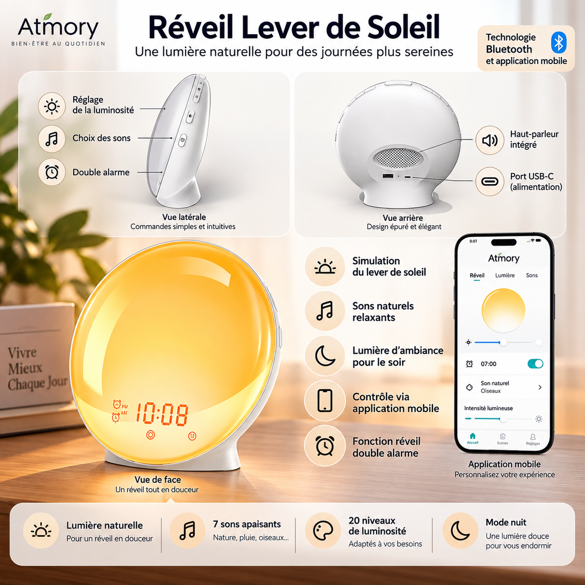 Réveil lumineux présenté de face et de dos avec détails des commandes.