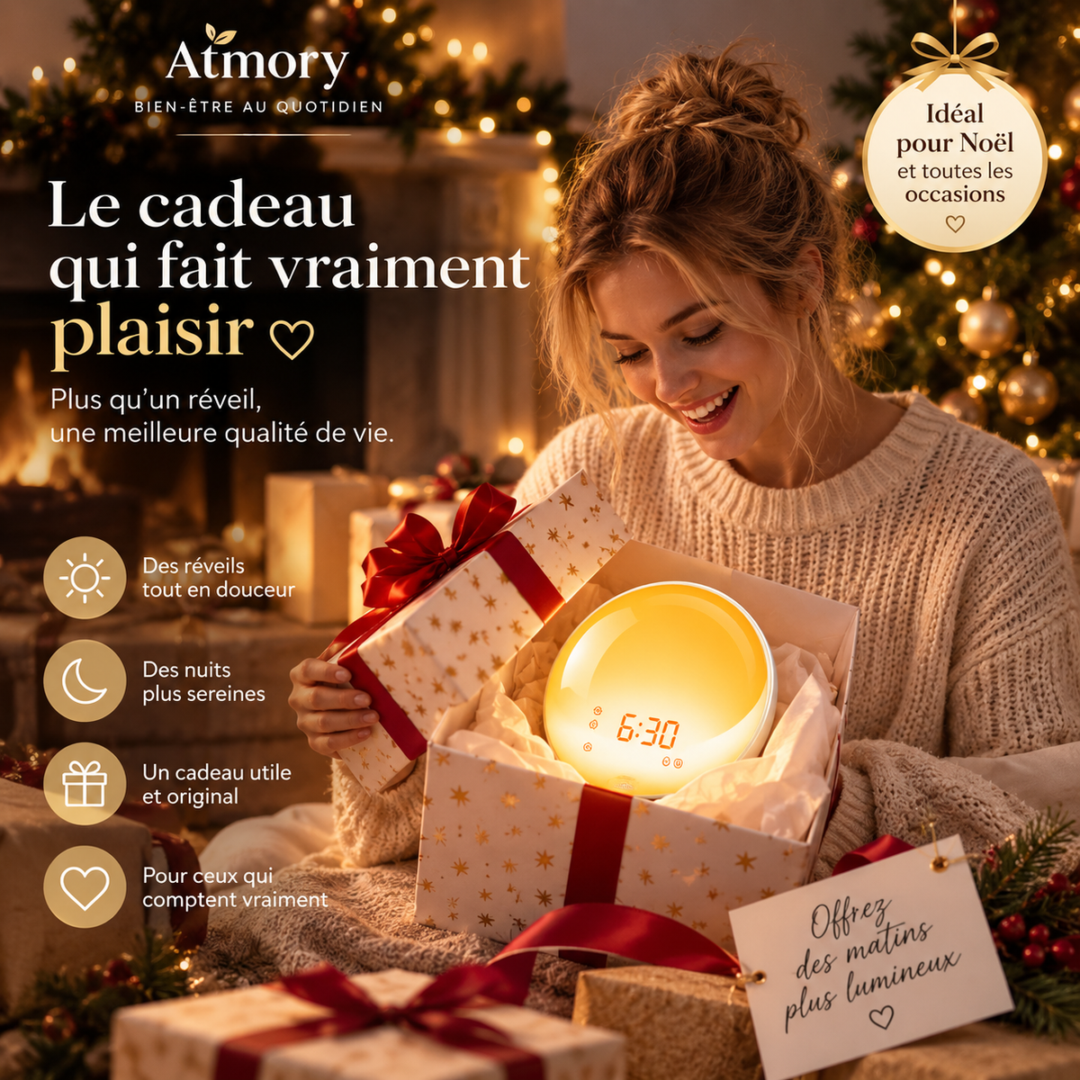 Réveil lumineux allumé présenté comme idée de cadeau.