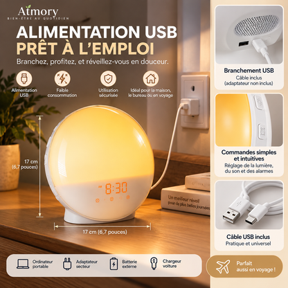 Réveil lumineux avec illustrations de son alimentation USB.