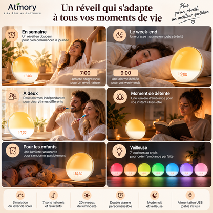 Réveil lumineux dans différents contextes et couleurs d’ambiance.