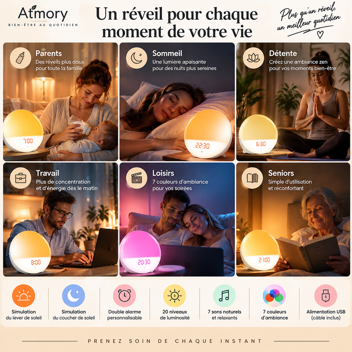 Réveil lumineux utilisé pour la lecture, le sommeil et l’ambiance.