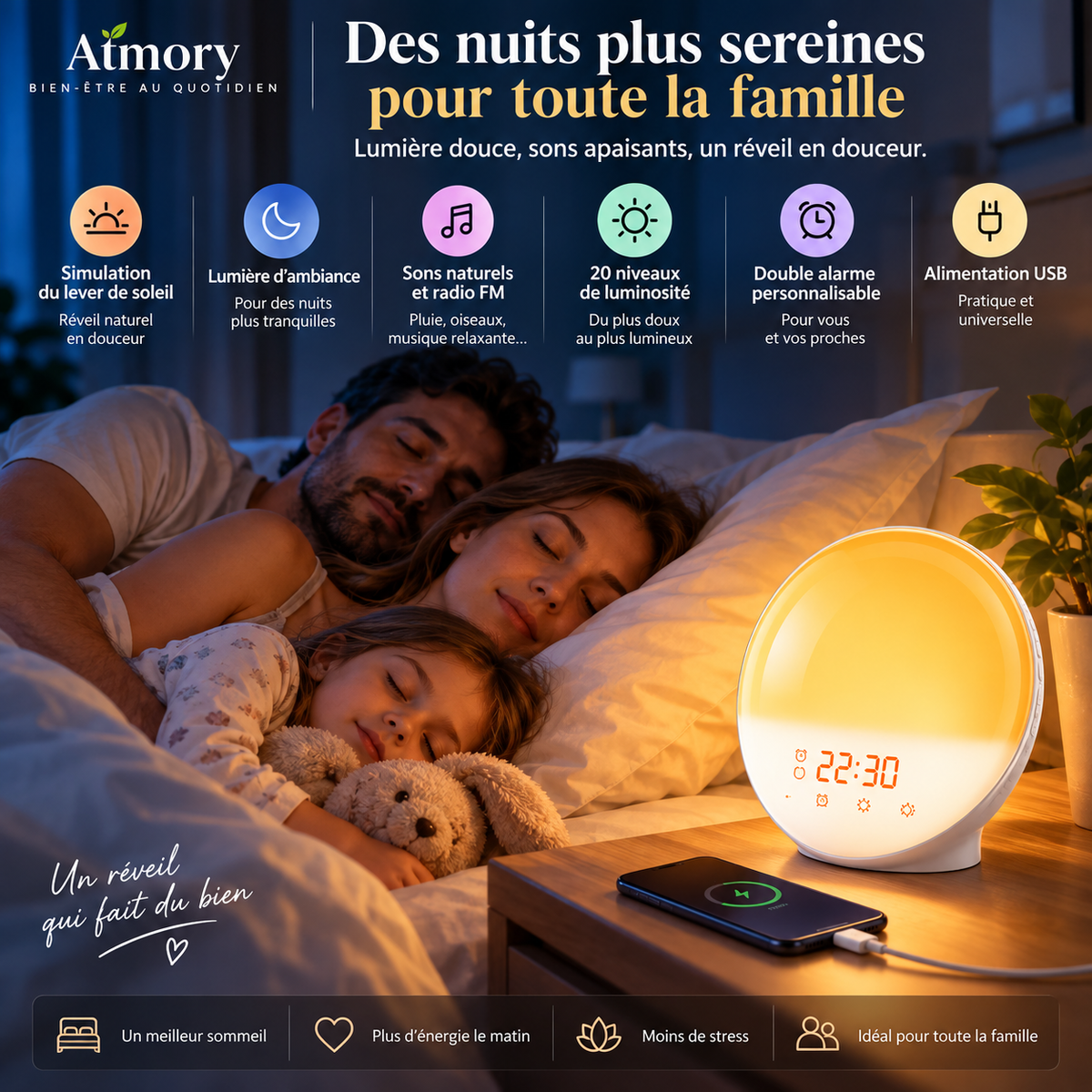 Réveil lumineux allumé sur une table de chevet dans une chambre.