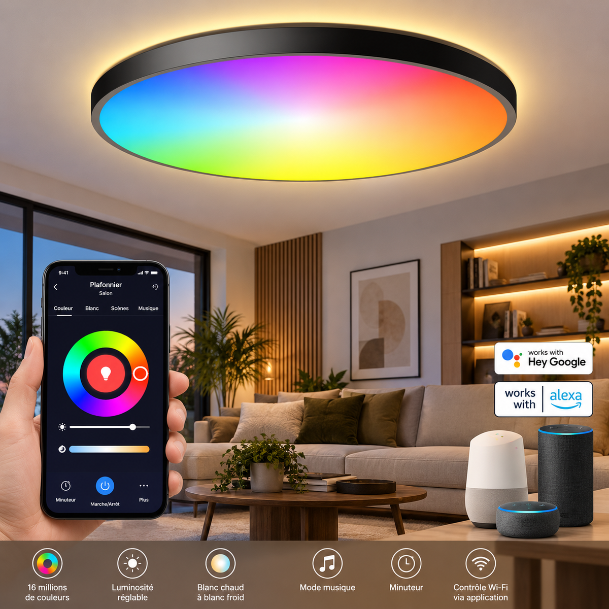 Plafonnier LED RGB installé dans un salon avec téléphone et télécommande.