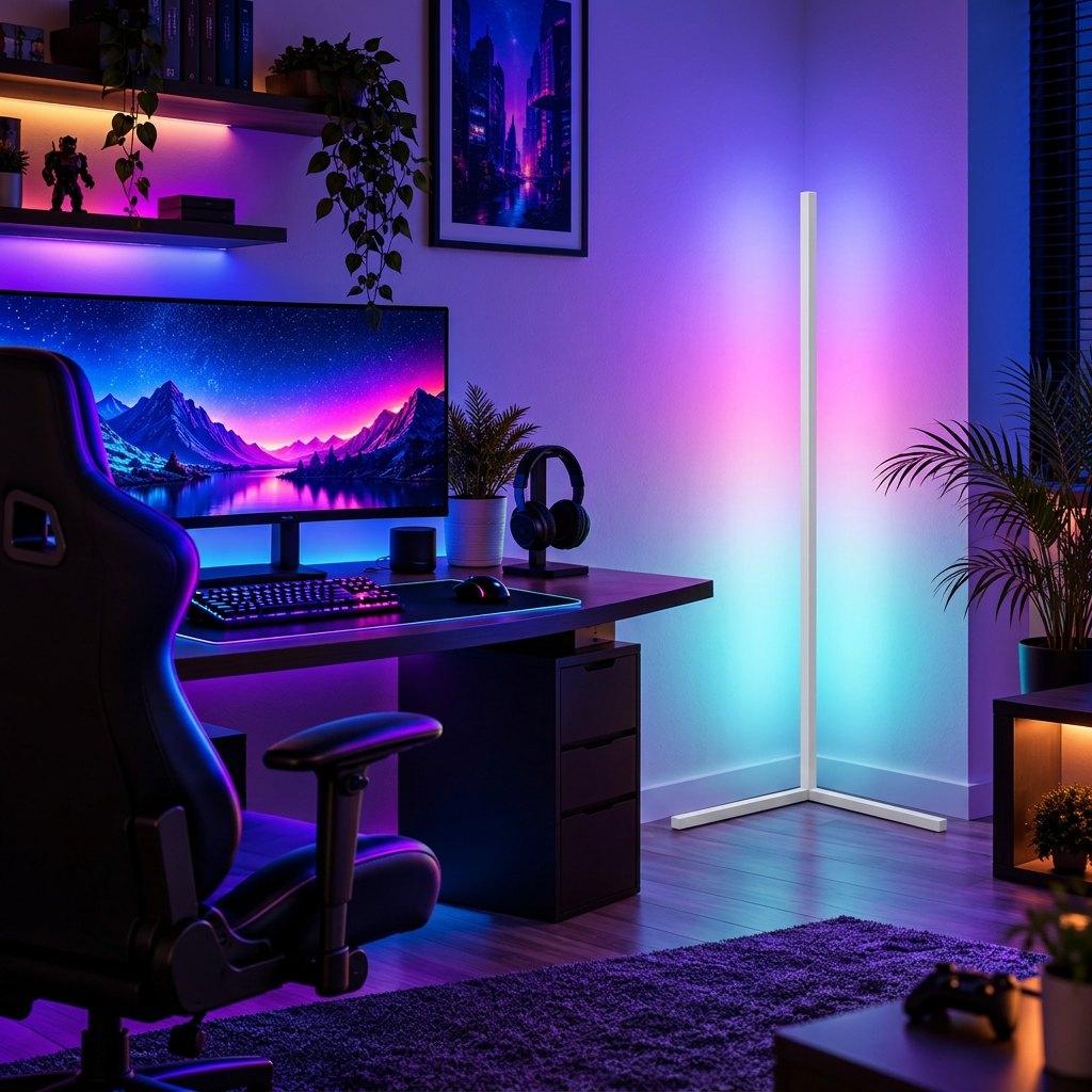 Lampadaire blanc dans l’angle d’un bureau gaming, avec lumière rose, violette et turquoise sur le mur.