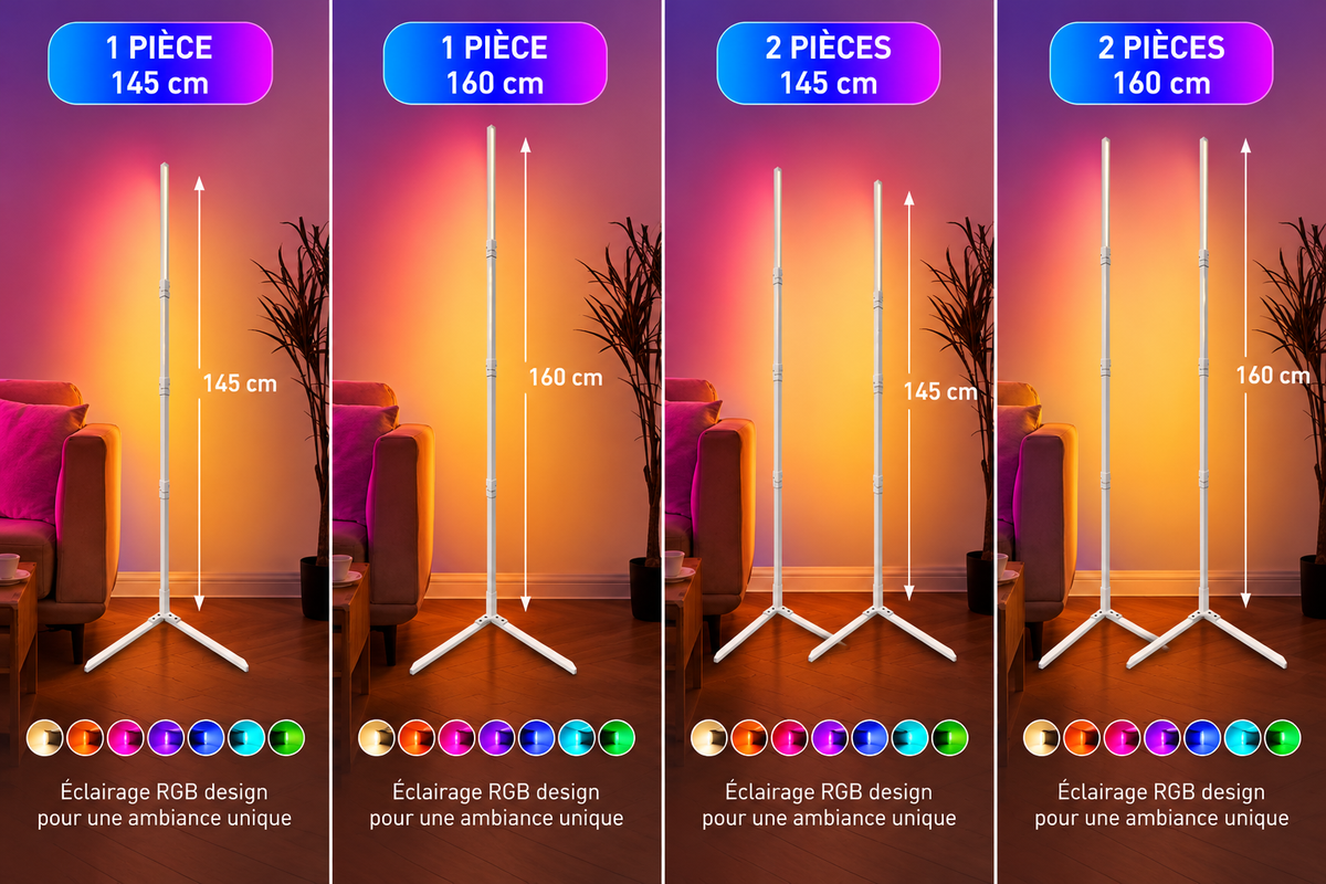 Comparatif des lampadaires LED RGB WiFi blancs Atmory : modèles 145 et 160 cm, disponibles à l'unité ou par lot de deux.