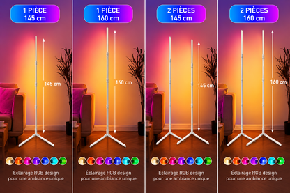 Comparatif des lampadaires LED RGB WiFi blancs Atmory : modèles 145 et 160 cm, disponibles à l'unité ou par lot de deux.