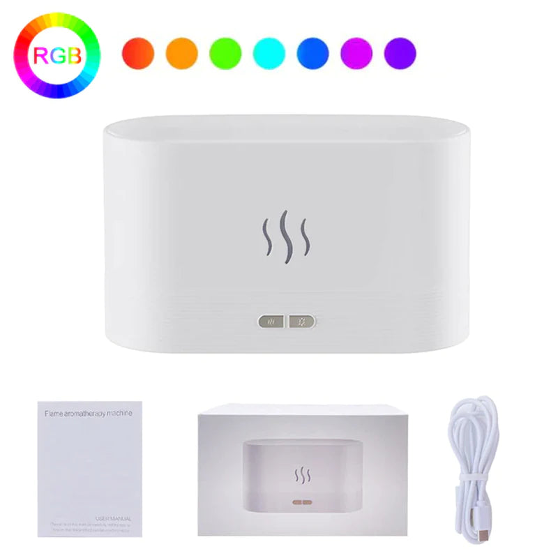 Diffuseur blanc avec câble USB et notice, palette RGB illustrée.
