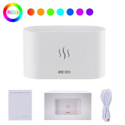 Diffuseur blanc avec câble USB et notice, palette RGB illustrée.
