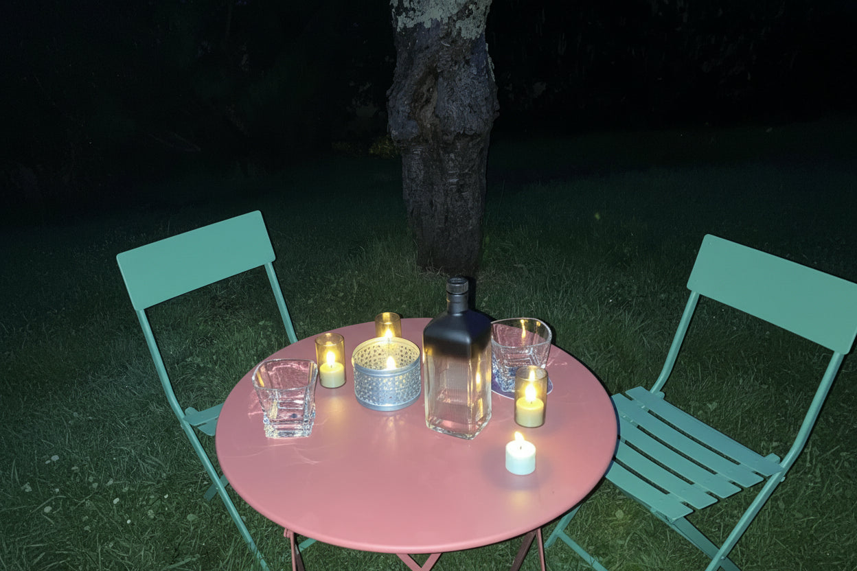 Bougies LED rechargeables créant une ambiance feutrée et complice autour d'une belle table sur terrasse boisée au crépuscule, avec chaises turquoise et verres.