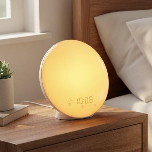 Réveil lumineux rond jaune posé sur une table de chevet.