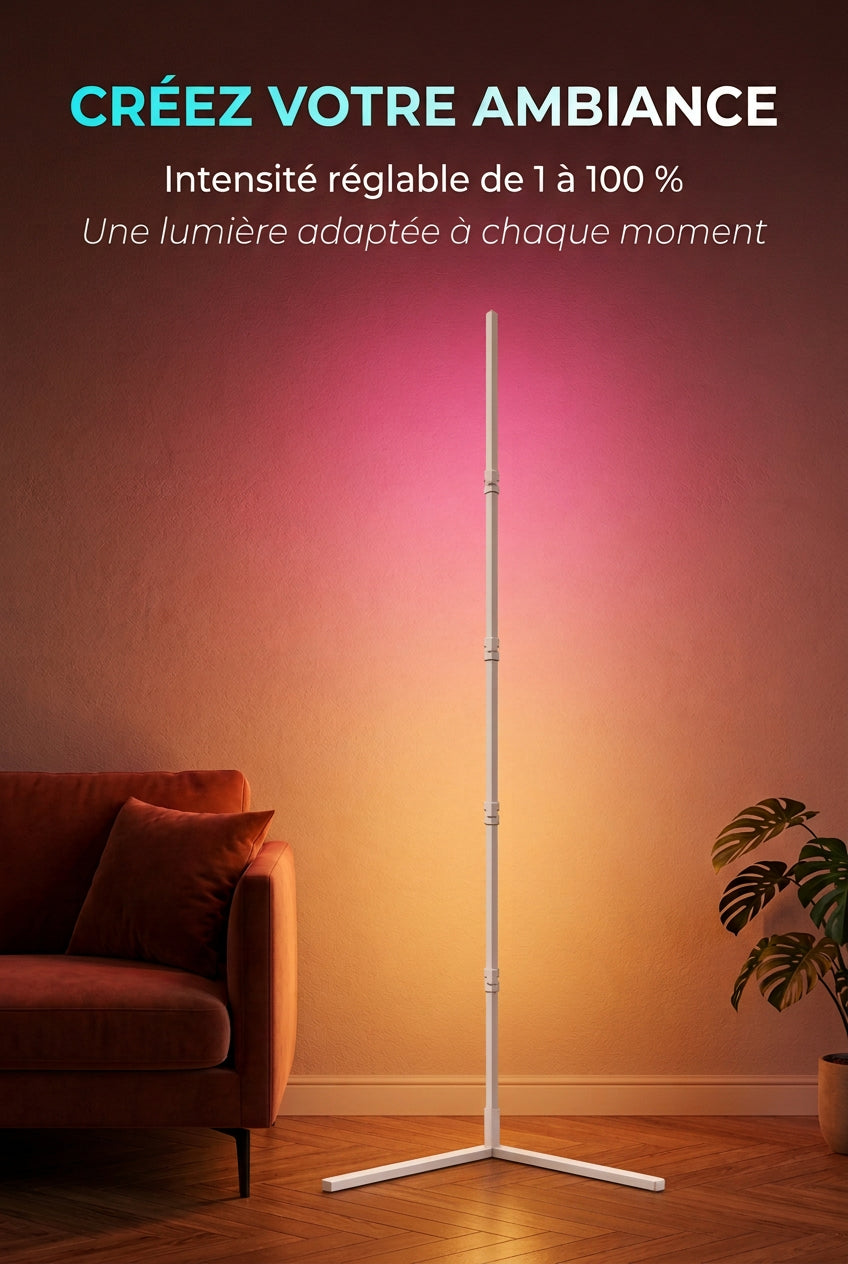 Lampadaire blanc près d’un canapé, éclairant le mur en rose et orange, avec mention d’une intensité réglable de 1 à 100 %.