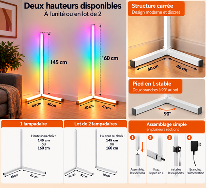 Schéma des hauteurs 145 et 160 cm, du pied en L à deux branches de 40 cm et des étapes d’assemblage, à l’unité ou par deux.