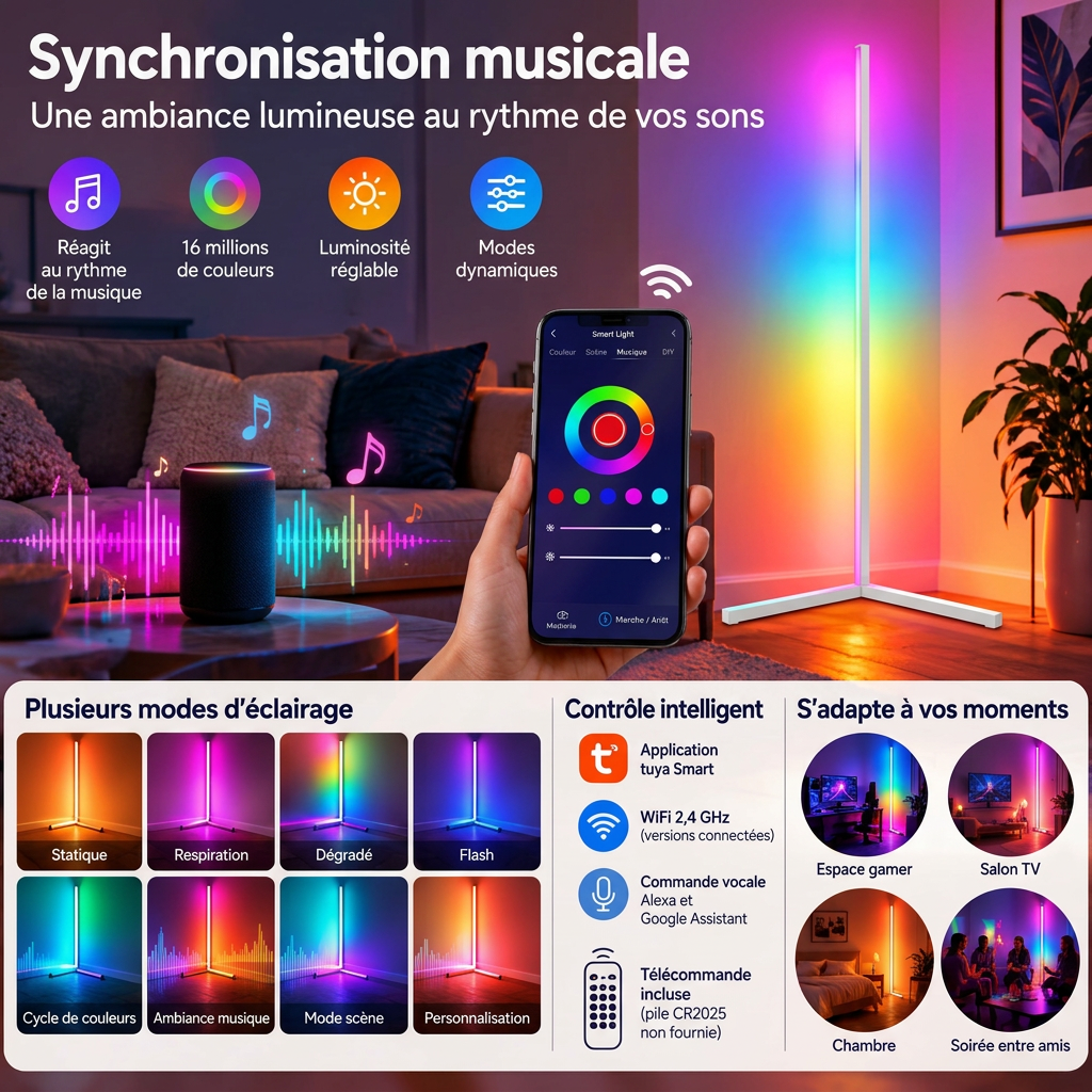 Illustration du mode musical avec lampadaire multicolore, smartphone et enceinte, accompagnée des modes d’éclairage et de commande.