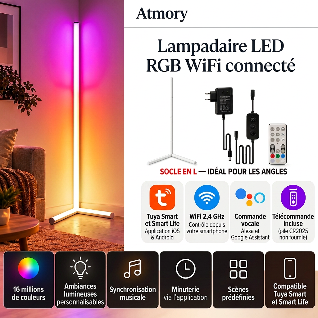 Présentation Atmory du lampadaire d’angle RGB WiFi, de ses accessoires et des fonctions Tuya, commande vocale, minuterie et éclairage musical.