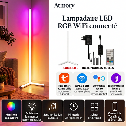 Présentation Atmory du lampadaire d’angle RGB WiFi, de ses accessoires et des fonctions Tuya, commande vocale, minuterie et éclairage musical.