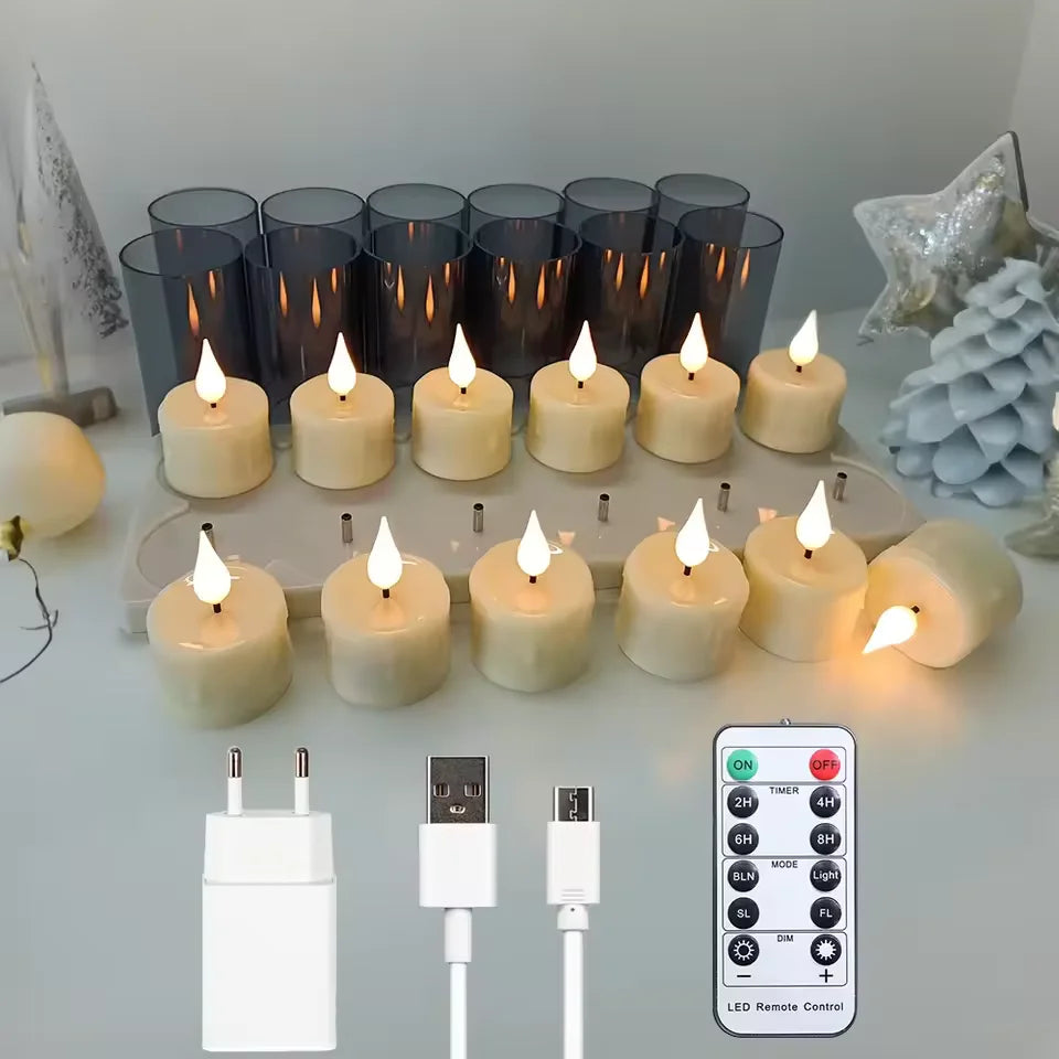 Ambiance cosy : bougies LED sans flamme rechargeables illuminent un moment intime, livrées avec télécommande, câble & chargeur