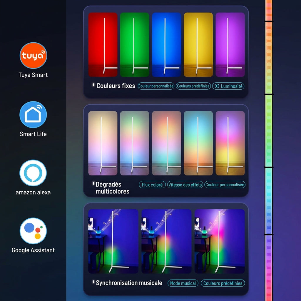Présentation des couleurs fixes, dégradés multicolores et effets musicaux du lampadaire, avec logos des applications et assistants vocaux.