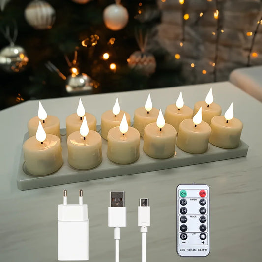Bougie LED rechargeable avec imitation parfaite de coulures de cire réalistes, 12 bougies , sans coupes, avec télécommande, chargeur et câble. 