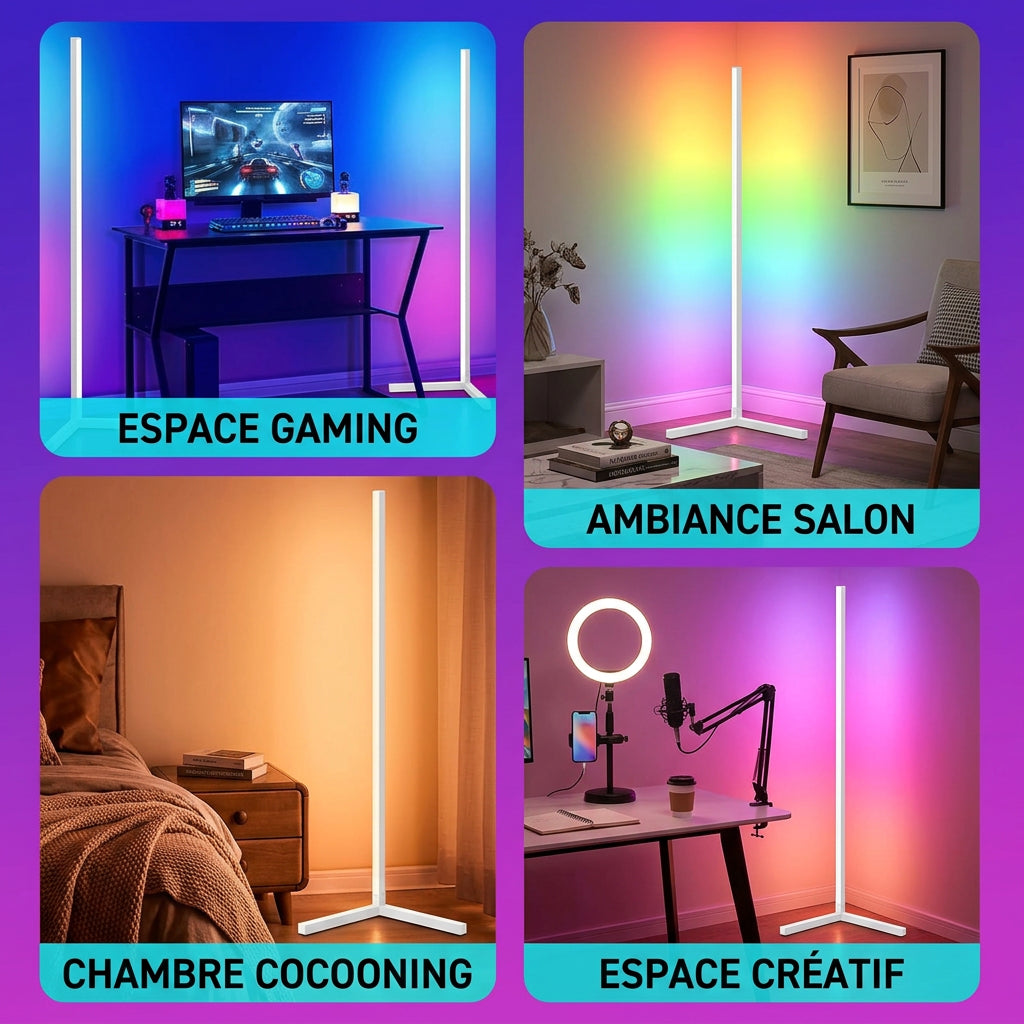 Quatre mises en situation du lampadaire : espace gaming, salon multicolore, chambre à lumière chaude et bureau créatif.