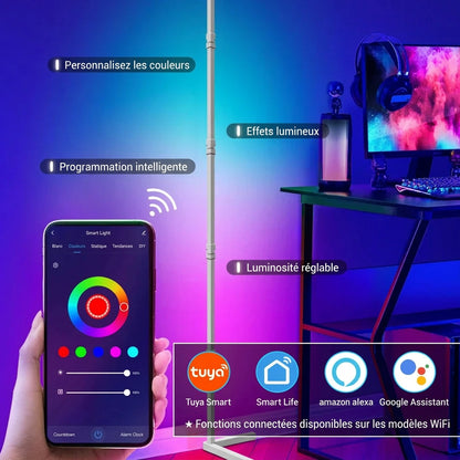 Réglage des couleurs du lampadaire sur smartphone dans un espace gaming, avec logos Tuya Smart, Smart Life, Alexa et Google Assistant.