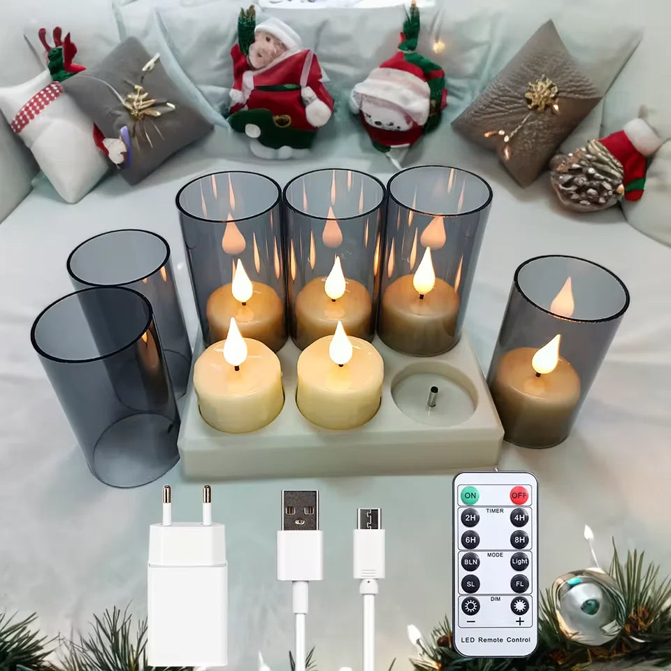 Ambiance cosy : bougies LED sans flamme rechargeables illuminent un moment intime, Noel, livrées avec télécommande, câble & chargeur, variante 6 bougies avec coupes