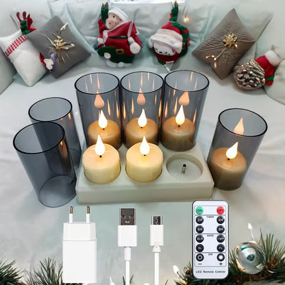 Ambiance cosy : bougies LED sans flamme rechargeables illuminent un moment intime, Noel, livrées avec télécommande, câble & chargeur, variante 6 bougies avec coupes