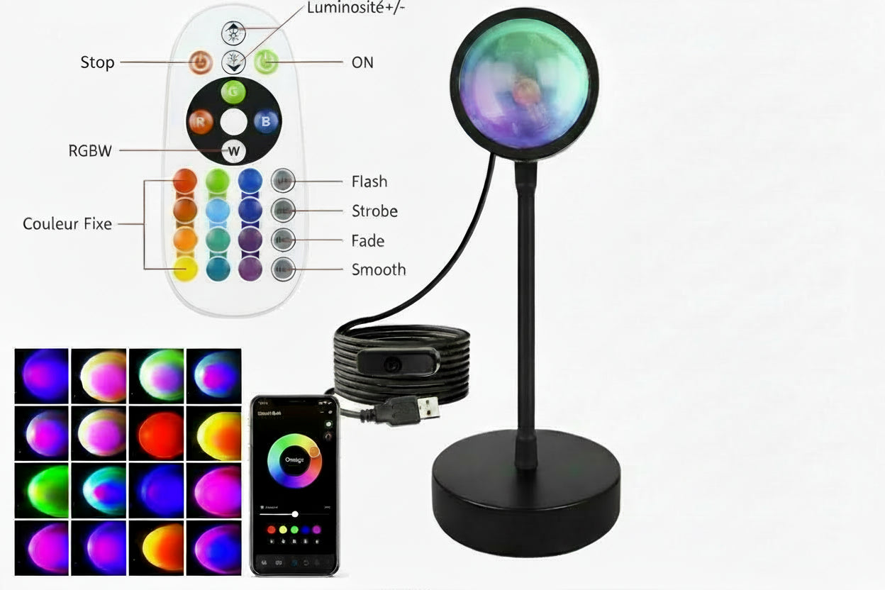 Lampe Sunset LED Intelligente - Projecteur Coucher de Soleil RGB avec Télécommande et APP Smart Life