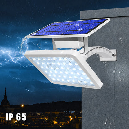 Projecteur solaire blanc représenté sous la pluie, indication IP65 du fournisseur