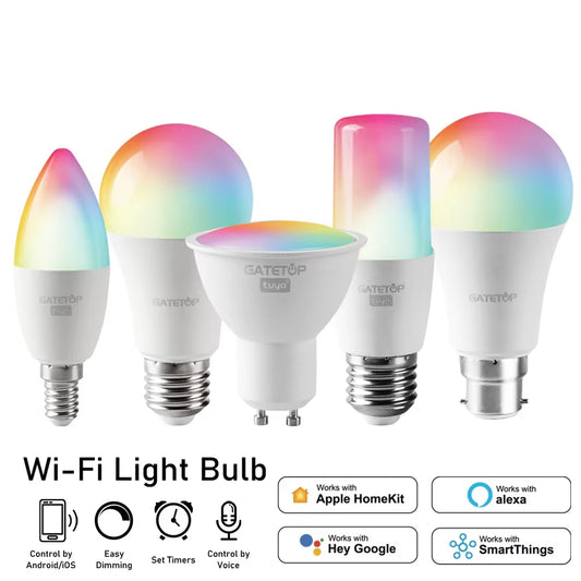 Ampoules LED WiFi intelligentes RGB avec différents culots E14 E27 GU10 B22, contrôle vocal et application, compatibles Alexa Google Home SmartThings