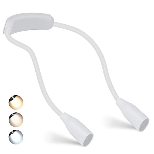 Liseuse de cou blanche à deux bras flexibles, avec aperçu des trois teintes de lumière