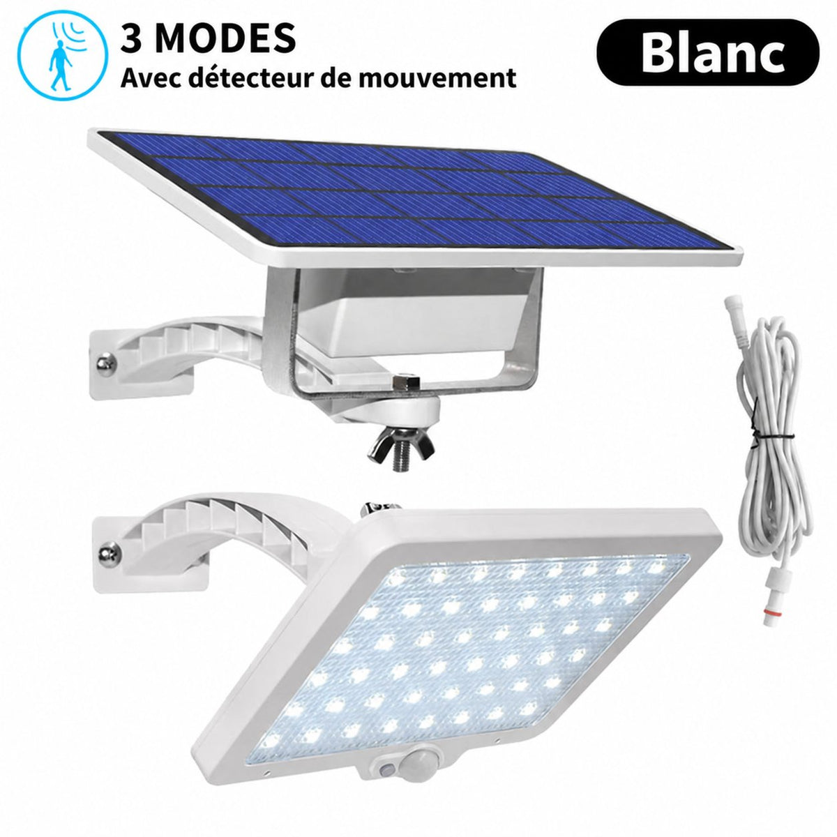 Projecteur solaire blanc avec détecteur, panneau séparé et câble
