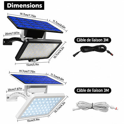 Schéma des dimensions du projecteur et du panneau solaire, avec câble de liaison